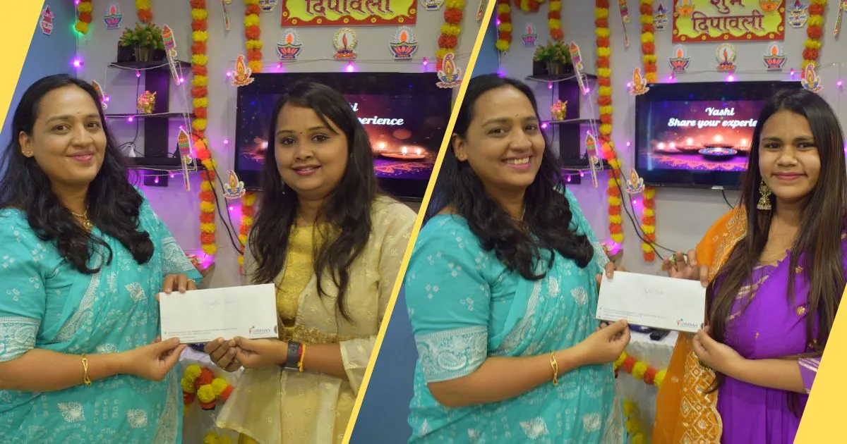 Shruti Sheth, the founder of iVIPANAN Digital Marketing Agency in Surat giving job promotion letters to Siddhi Jain and Yashi Shah