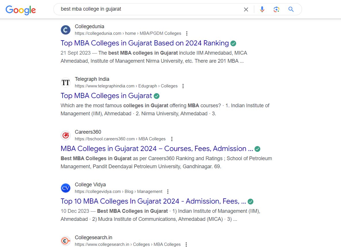 Google search result for management college